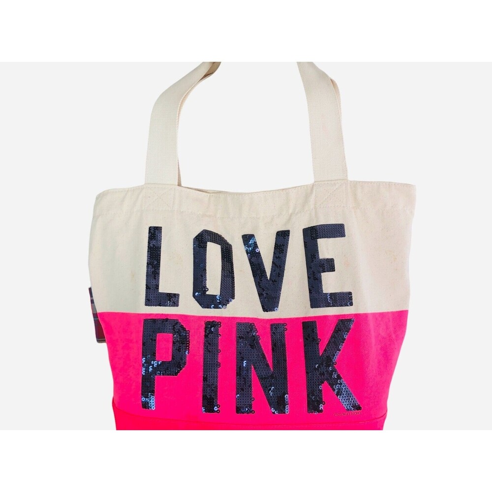 Victoria's Secret Pink/Ivory Travel Weekender Sequined "LOVE PINK" LOGO Tote Bag